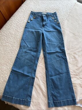 High-Rise Wide Leg Jeans with Decorative Buttons in Blue